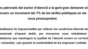 Les patronals del sector d’atenció a la gent gran demanen al Govern un increment del 7% de les tarifes públiques en els nous pressupostos