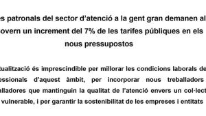 Les patronals del sector d’atenció a la gent gran demanen al Govern un increment del 7% de les tarifes públiques en els nous pressupostos