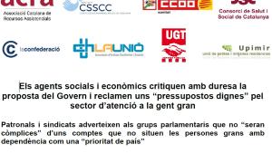 Els agents socials i econòmics critiquen amb duresa la proposta del Govern i reclamen uns “pressupostos dignes” pel sector d’atenció a la gent gran